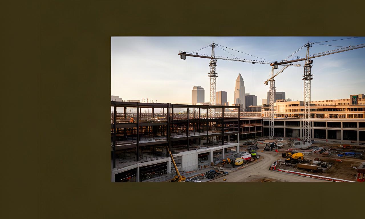 Nashville commercial construction site with cranes, steel framing, and downtown buildings in the distance