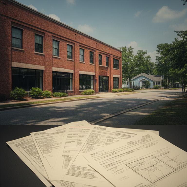 Brick Nashville commercial building beside a residential property street with survey documents in the foreground