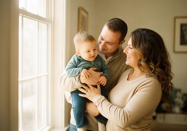 Parents holding a child near a bright Nashville window during a family celebration